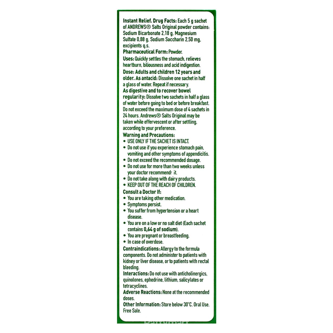 Andrews Salts Original Instant Relief from Upset Stomach, Heartburn, Indigetsion- 50 sachets